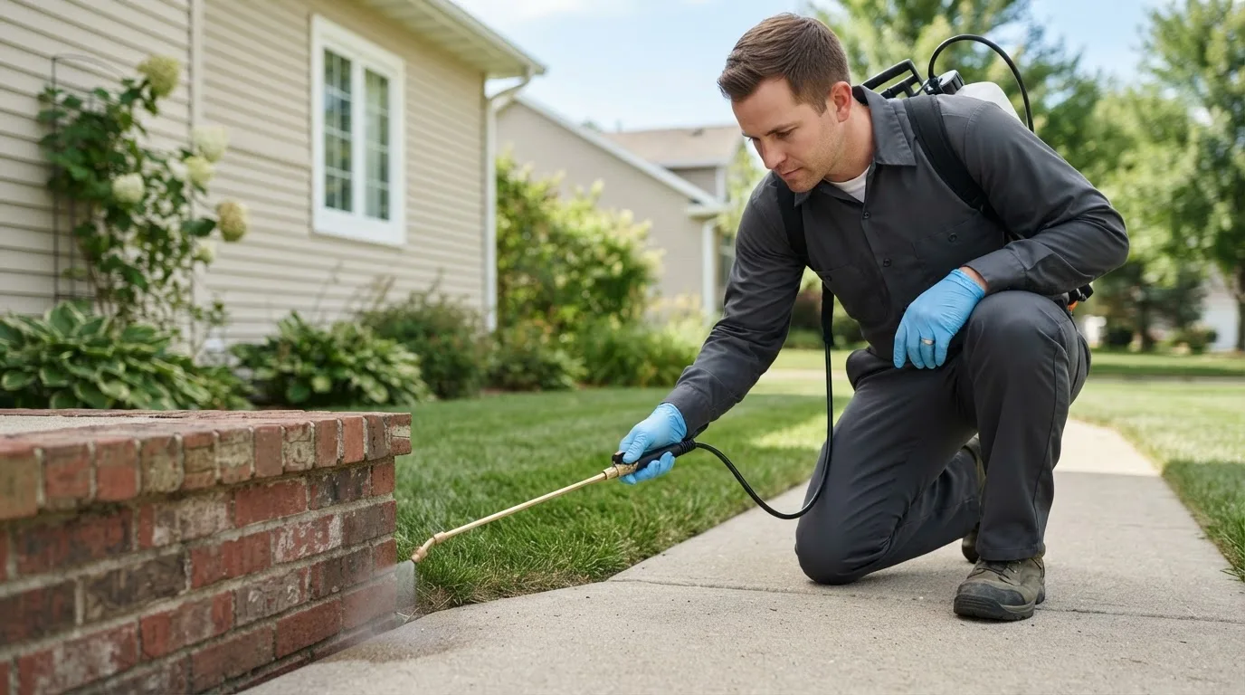 Pest control technician treating a home near Coggon, IA