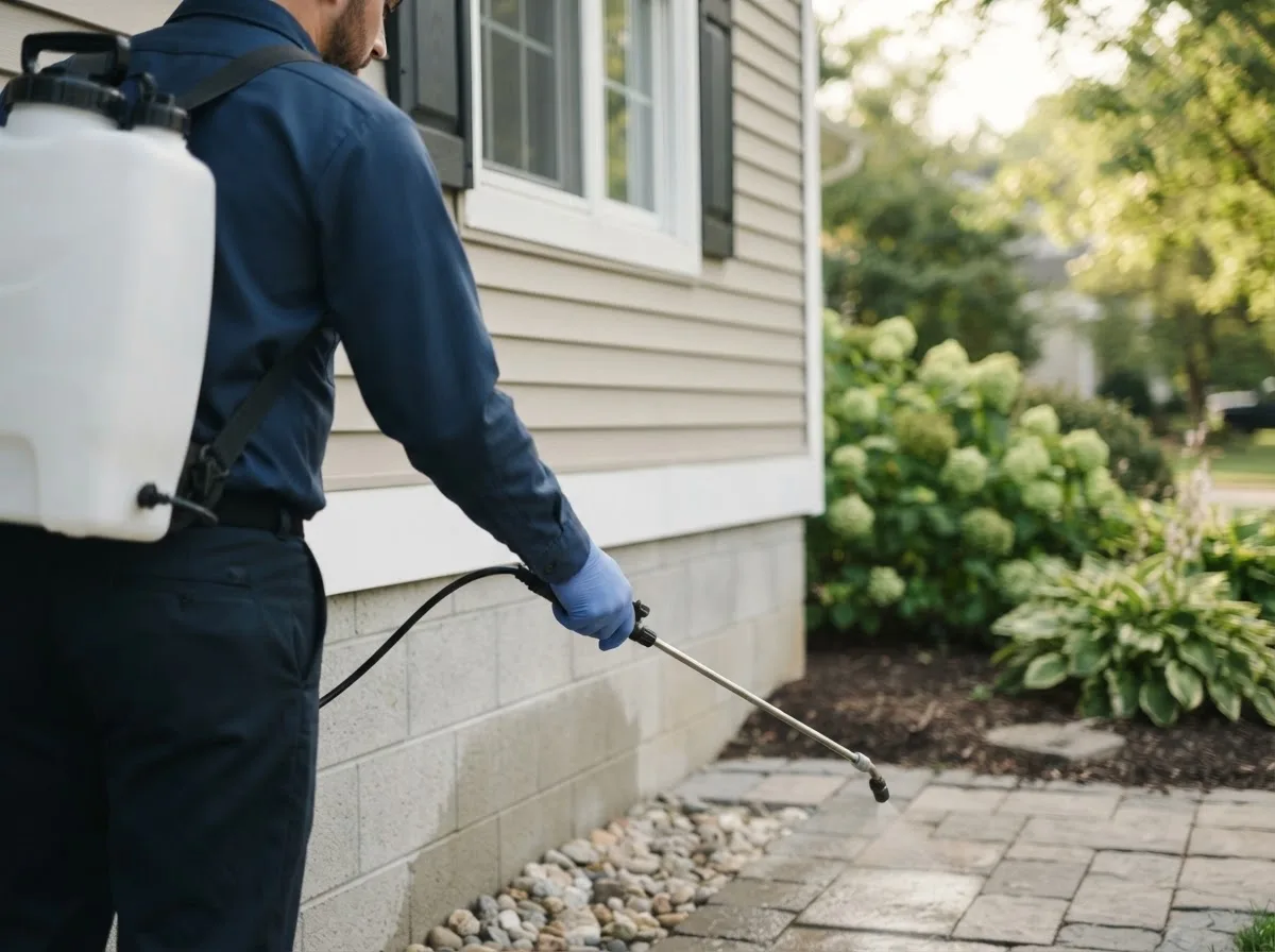 Pest control technician inspecting a home in Coggon, IA